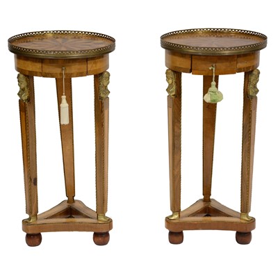 Lot 372 - Pair of French walnut and inlaid Empire style side tables