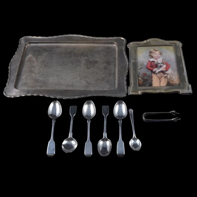 Lot 236 - George V silver tray, assorted loose silver spoons, and a silver photograph frame