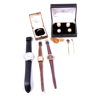 Lot 483 - A collection of costume jewellery, Christian Dior earrings, ring, three watches, two tie pins, Grosse brooch.