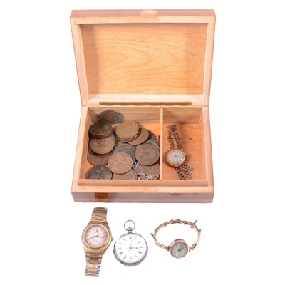 Lot 479 - Collection of wristwatches, loose coins in a Sorrento ware box.