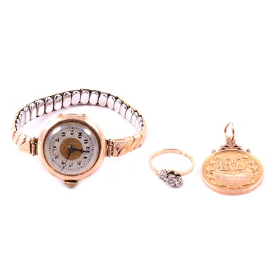 Lot 153 - A 9 carat gold Crystal Palace medallion, lady's vintage wristwatch, and ring.