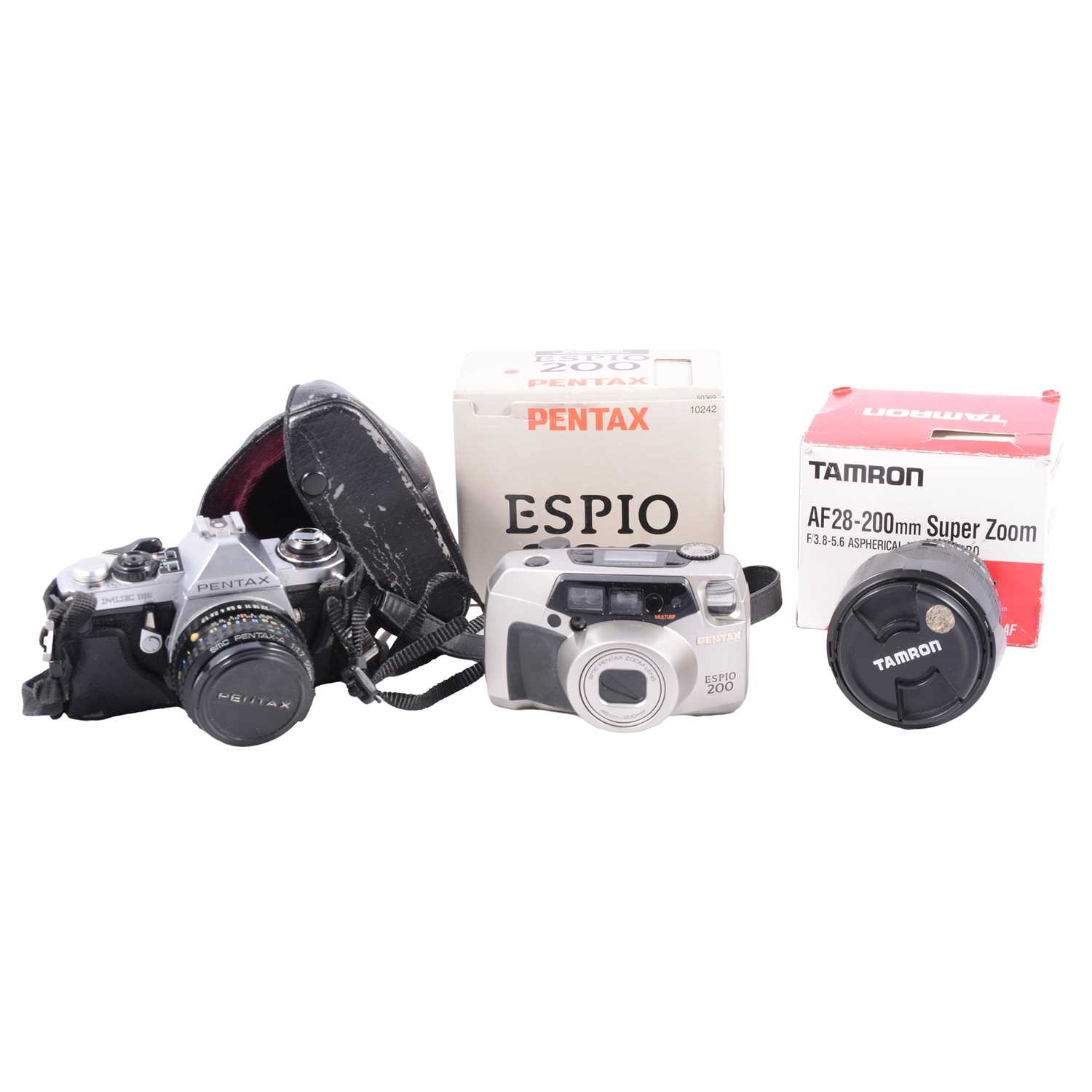 Lot 134 - Pentax Super ME camera,, Pentax Espio 200 camera, Tamron lens and a Pentax mount.