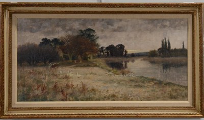 Lot 194 - Sidney Pike, Geese and cattle by a riverbank