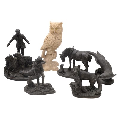 Lot 150 - Composition owl sculpture and five other farming and wildlife sculptures.