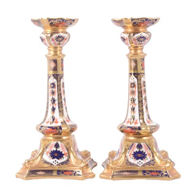 Lot 54 - Pair of Royal Crown Derby Old Imari candlesticks, 1128