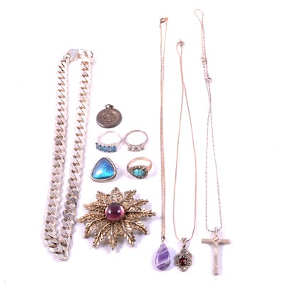 Lot 448 - Gemset pendants, silver and white metal chains, rings and costume jewellery.