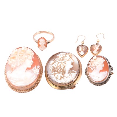 Lot 184 - Three carved shell cameo brooches, a carved shell cameo ring and pair of shell cameo earrings.