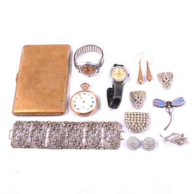 Lot 444 - Yellow metal T bar, gemset brooches, costume jewellery, watches, pocket watch and brass cigarette case.