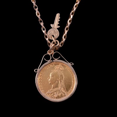 Lot 128 - A Gold Full Sovereign Coin pendant and chain, Victoria Jubilee Head 1889.