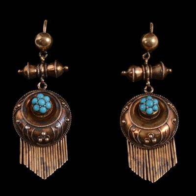 Lot 227 - A pair of Victorian yellow metal Etruscan style earrings.