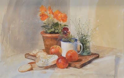 Lot 212 - Pamela Kay, Pansies, apples and biscuits