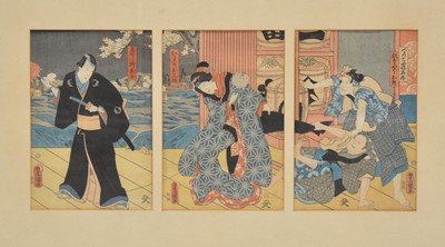 Lot 94 - Kunisato, Hiroshige and others, five woodblock prints in three frames