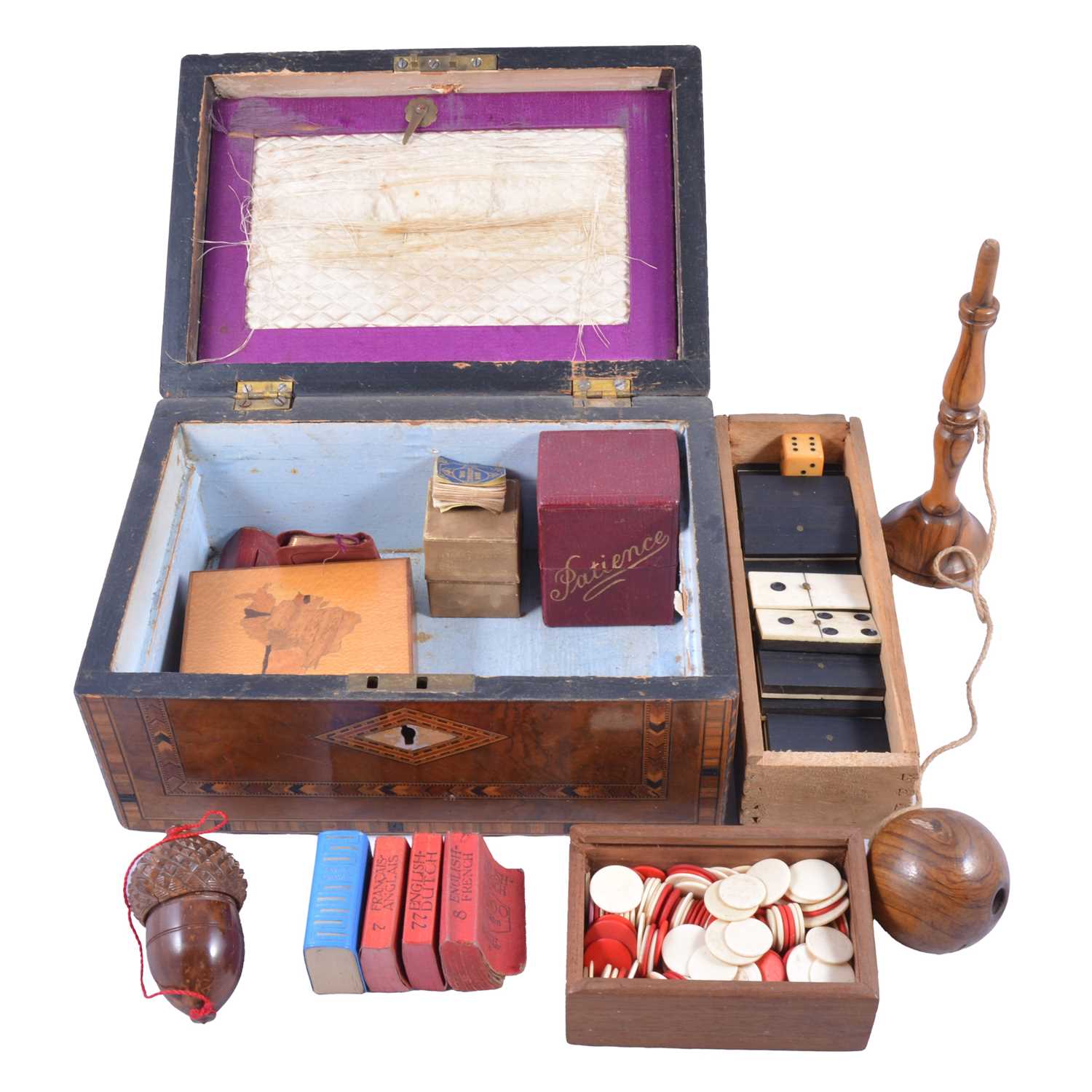 Lot 144 - Carved coquilla nut acorn-shape nutmeg grater, and other treen and parlour games