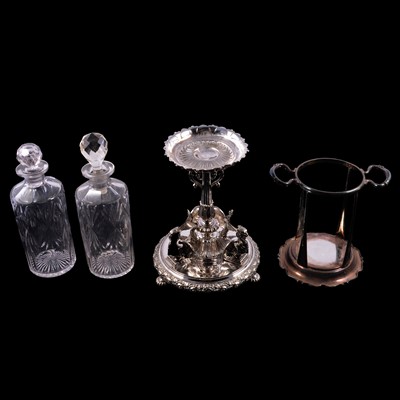 Lot 100 - Victorian electroplated comport stand, Thomas Bradbury & Sons, siphon stand and decanters.