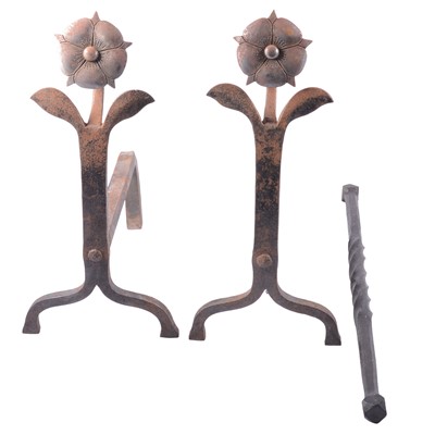 Lot 250 - Pair of Cotswold Arts & Crafts wrought iron firedogs, attributed to Norman Bucknell