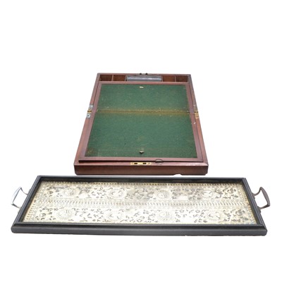 Lot 120 - Victorian mahogany writing slope and a tray with Chinese silk panel
