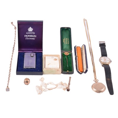 Lot 158 - Gold tie pins, Masonic puzzle ball, propelling pencil, Albert watch chain, and other items.