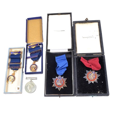 Lot 199 - WW2 Defence Medal, two Association of Conservative Clubs silver Badges of Honour and others.