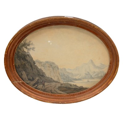 Lot 255 - English School, 18th century, Figure on a lane by a lake and mountains.