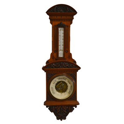 Lot 340 - Victorian carved oak cased wall barometer and thermometer