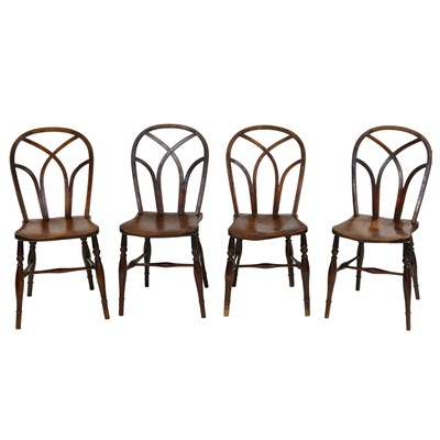 Lot 300 - Set of four Victorian elm and ash country made chairs, with Gothic arched hoop backs