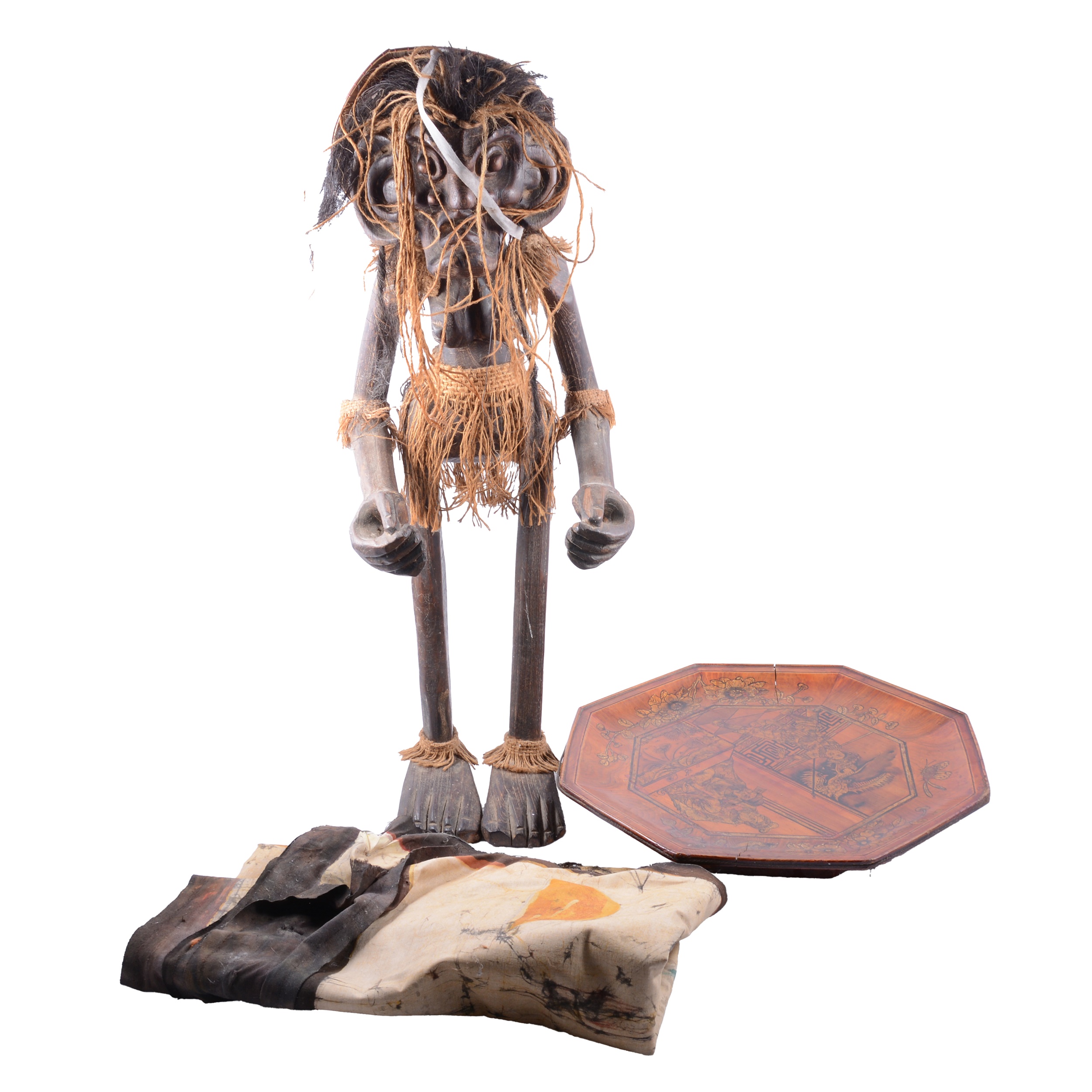 Lot 141 Asian carved wooden figure, printed batik,