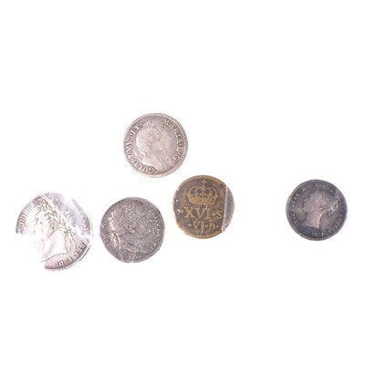 Lot 198 - William and Mary fourpence and later silver coins, and James I Spur Ryal coin weight.