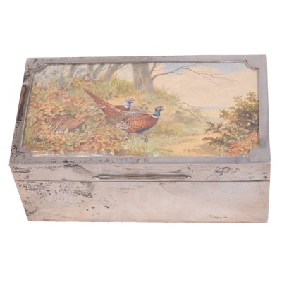 Lot 234 - Silver cigar case with watercolour of pheasants to lid.