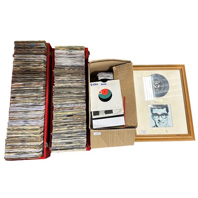 Lot 158 - Large collection of 7 inch records, 1950s to 1980s, two disco boxes, and framed Buddy Holly record.