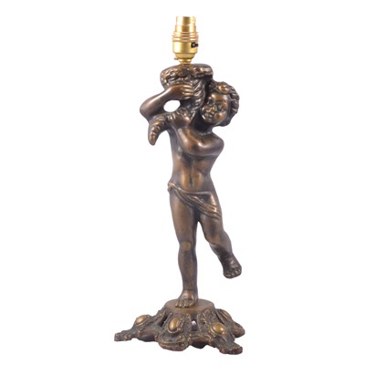 Lot 107 - Brass lamp base, cherub holding a cornucopia