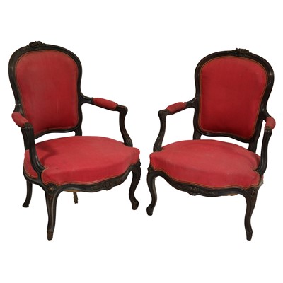 Lot 438 - Pair of French walnut framed fauteuil chairs