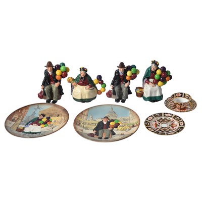 Lot 27 - Royal Doulton Balloon Seller figurines and plates, and Royal Crown Derby Imari pattern trio.