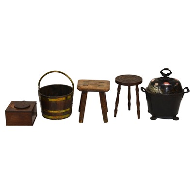 Lot 455 - Tea caddy, metal strap bucket, two stools and a metal coal bin.