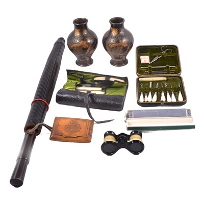 Lot 137 - A parasol, Blessing harmonica, pair of Gerbing & Stephen vases, two manicure sets, opera glasses.