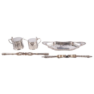 Lot 241 - A silver mustard pot, another plated mustard, small snuffer/pen tray, two pairs of nut crackers.