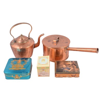 Lot 176 - A copper kettle, copper lidded saucepan and jug, trade tins.