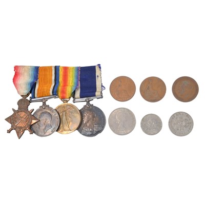 Lot 209 - Three First World War medals and a Long Service Medal, pre-decimal coinage.