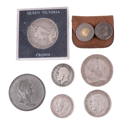 Lot 203 - Four Roman / Ancient Greek coins, some pre-1920 silver content coins, and a medallion.