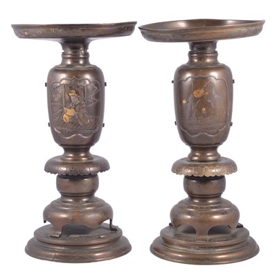 Lot 9 - Pair of Japanese inlaid bronze sectional flower vases, usubata