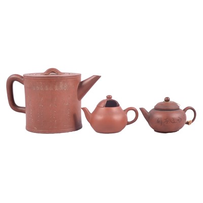 Lot 38 - Chinese Yixing 'Redware' cylindrical teapot; and two miniature Redware teapots