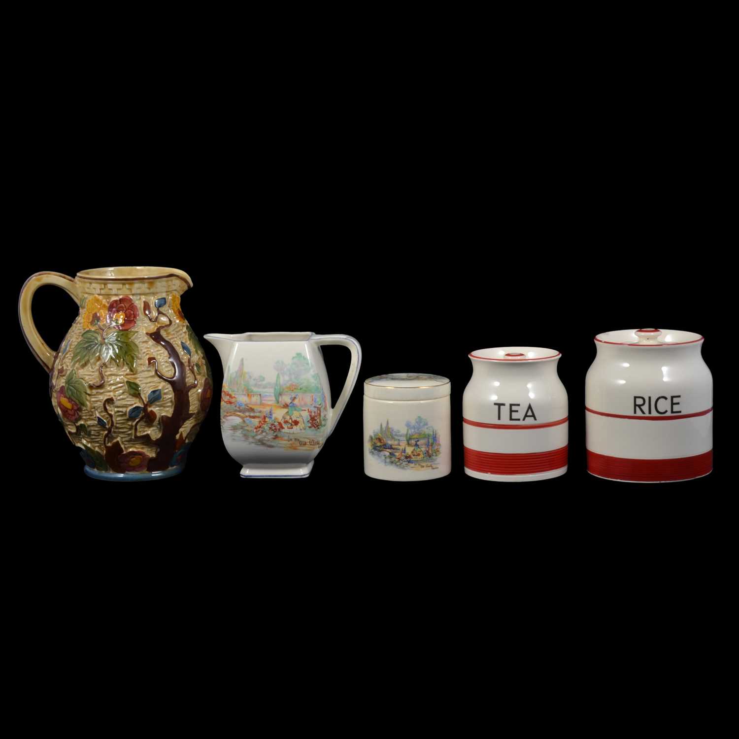 Lot 51 - Price "Red Line", and other similar kitchen jars, Old World Garden crinoline lady jugs etc