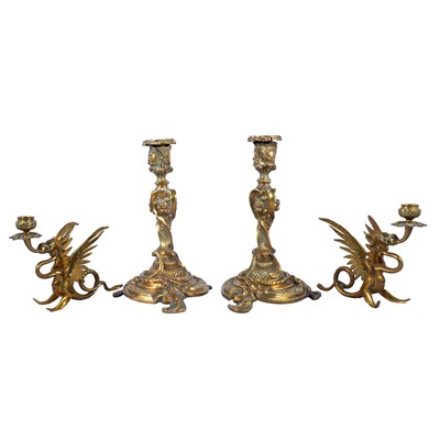 Lot 173 - Two pairs of brass candlesticks