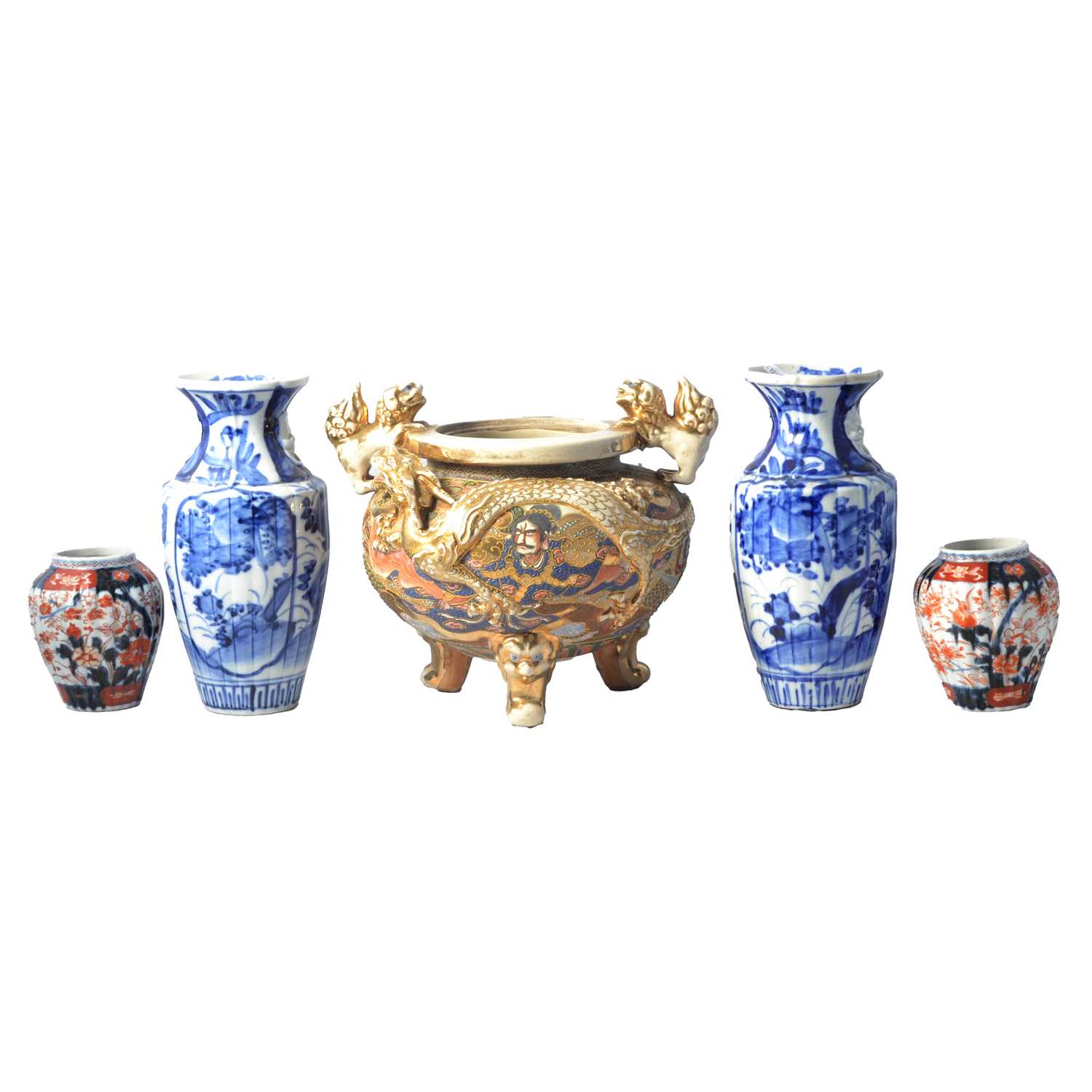 Lot 36 - Japanese Satsuma pottery koro and two pairs of Japanese vases