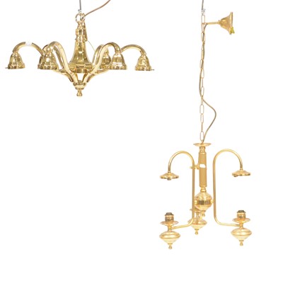 Lot 144 - Lacquered brass six-branch ceiling light, various glass shades, and other lighting