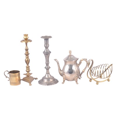 Lot 156 - A collection of silver-plated wares and brass candlesticks.