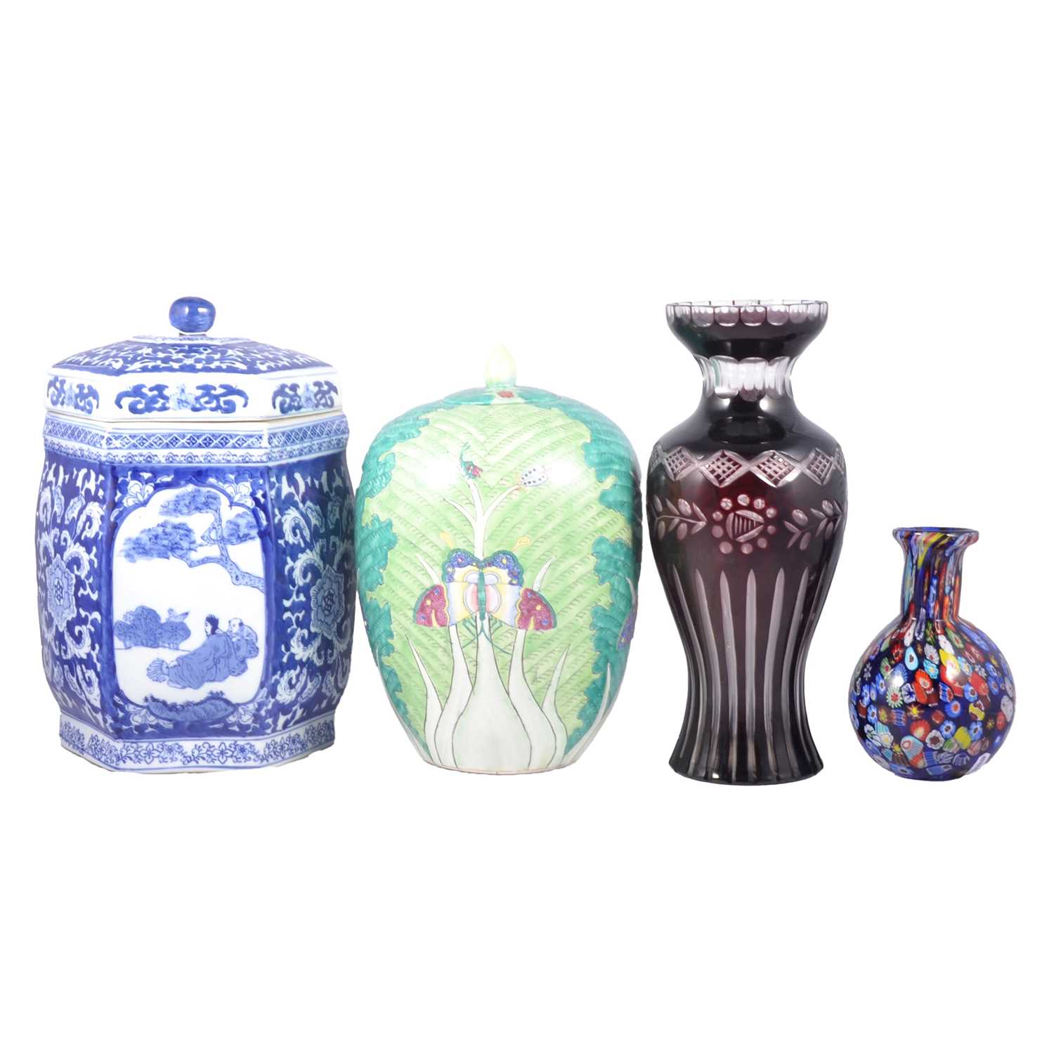Lot 59 - A pair of large blue and white Chinese style jars and covers, another jar, two pairs of glass vases.