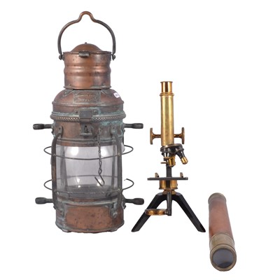 Lot 138 - A Davey's Patent Yacht Lamp, telescope and brass microscope.