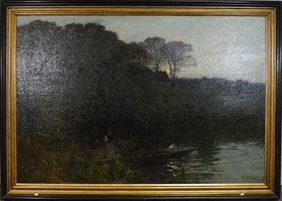 Lot 221 - Sir Alfred East, Twilight on the river, lady in a punt