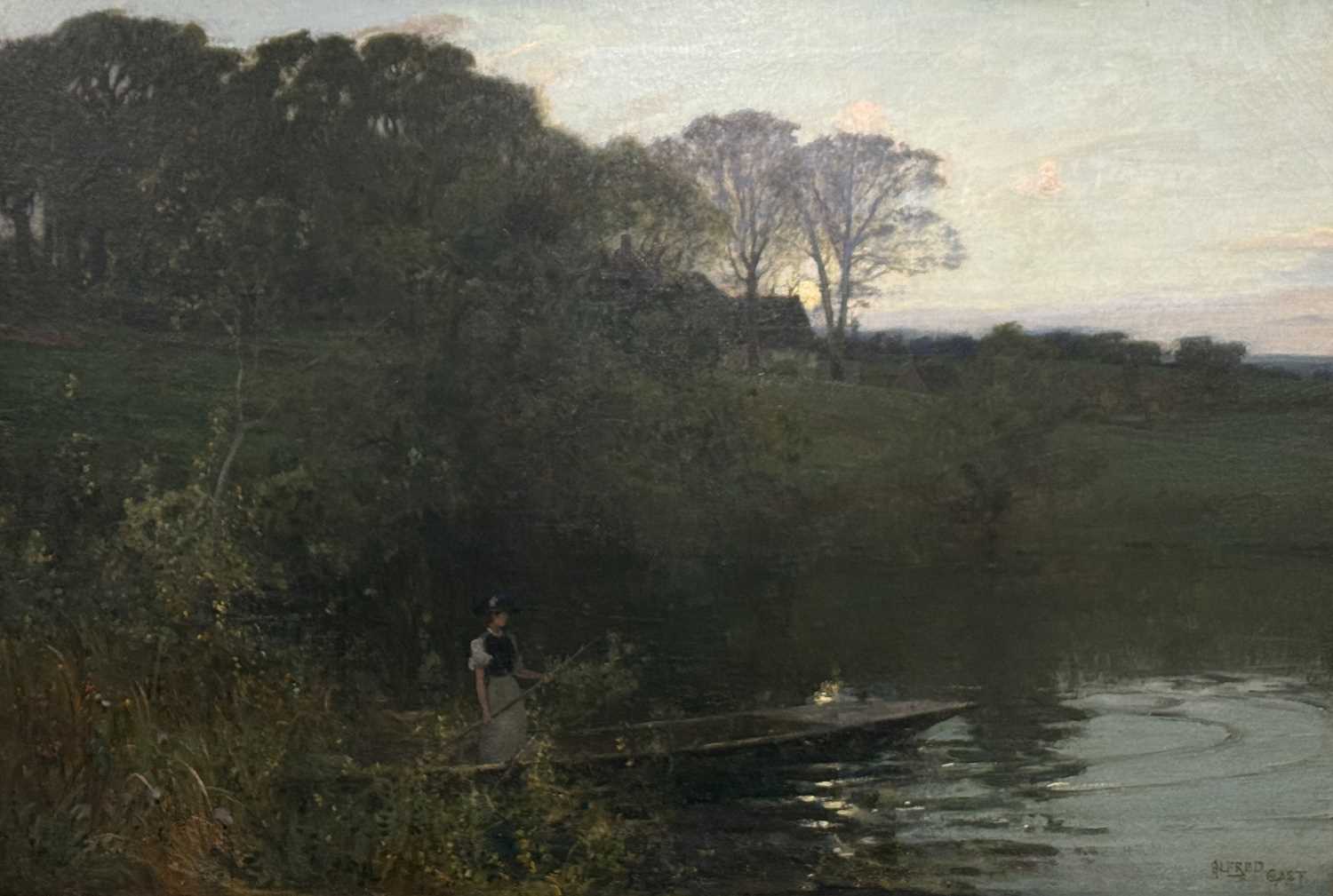 Lot 221 - Sir Alfred East, Twilight on the river, lady in a punt