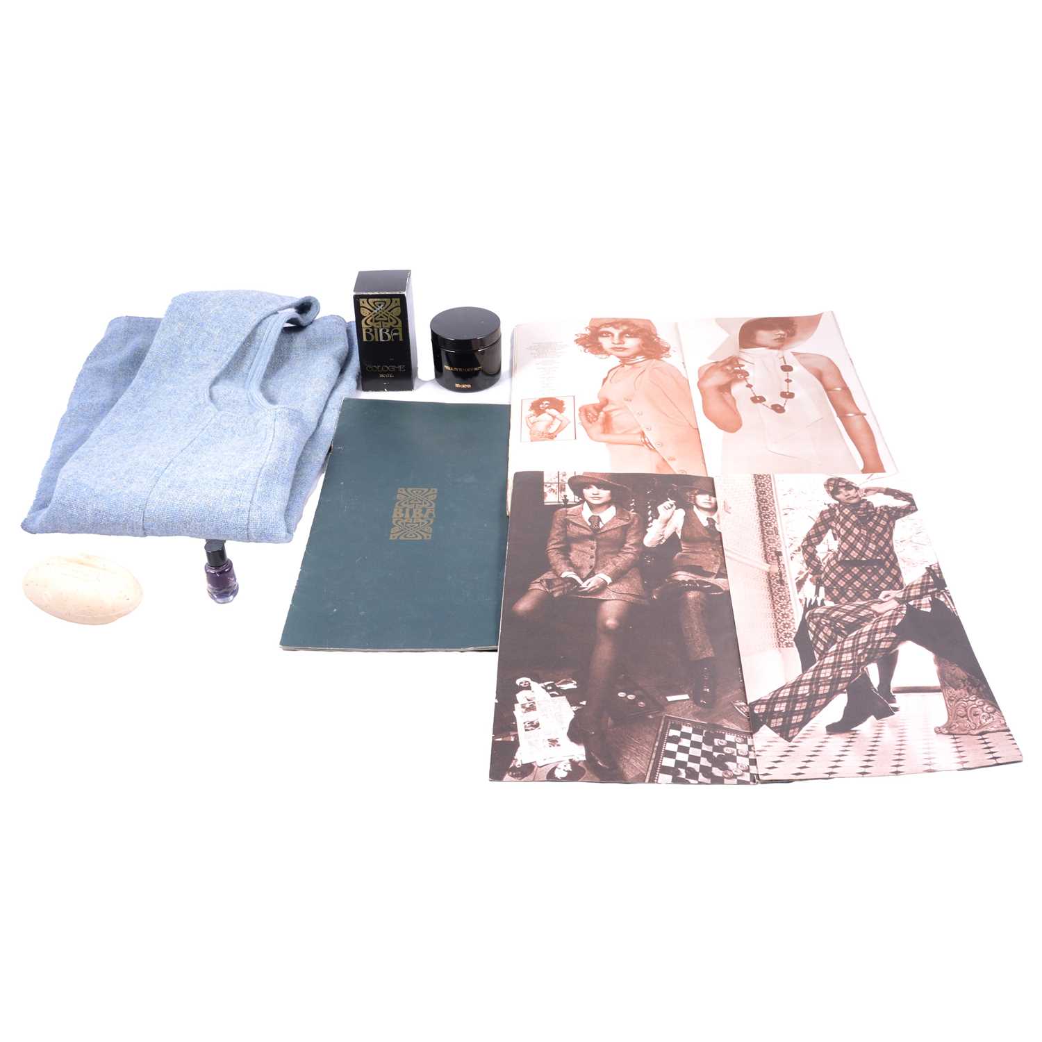 Lot 434 - Biba - a vintage wool waistcoat, soap, cosmetics, catalogues and other items.